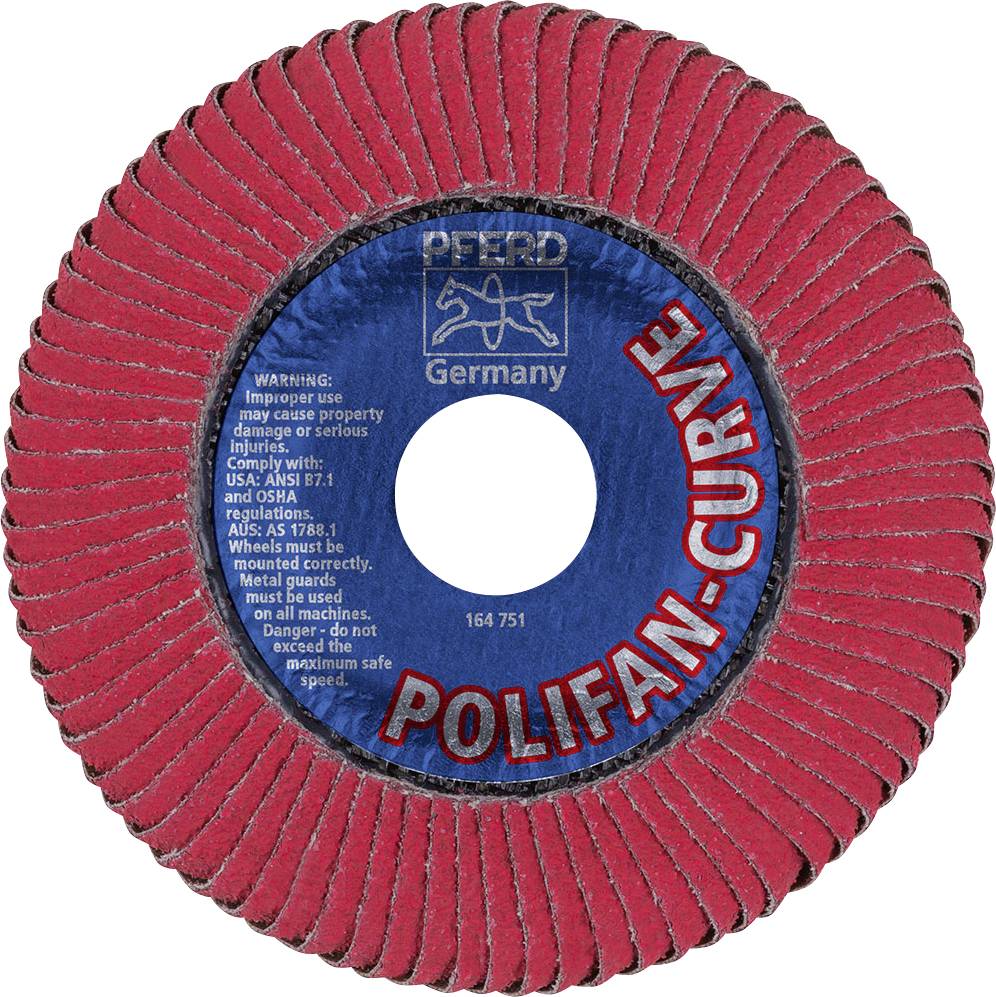 Red grinding disc with blue centre, 'Polifan-Curve' brand, manufactured in Germany. Contains warning and safety instructions.
