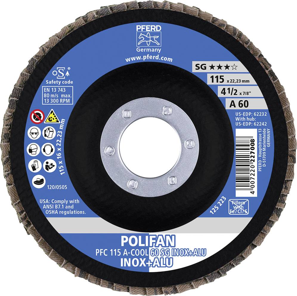 Grinding disc with blue label, central metal core and inscriptions: 'Polifan', 'Inox+Alu' and specifications such as size and manufacturer.