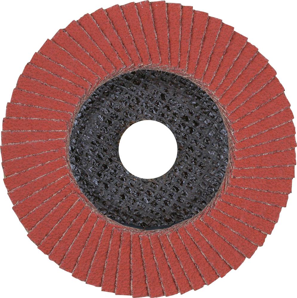 Grinding disc with red lamellas and a black centre, arranged in a circular configuration. Used for grinding and polishing.