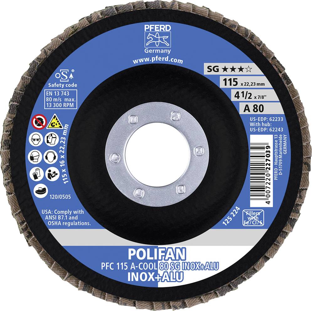PFERD grinding disc, Polifan PFC 115 A-Cool 80 SG Inox+Alu model. Suitable for stainless steel and aluminium. Dimensions: 115 x 22.23 mm.