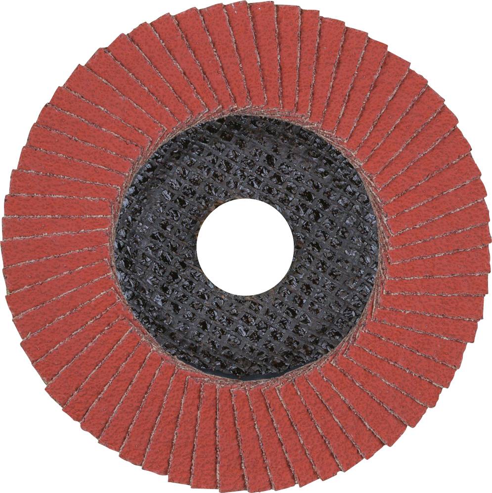 A red abrasive flap disc with a fan-shaped design and a central hole, used for smoothing or shaping materials.