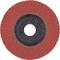 A red abrasive flap disc with a fan-shaped design and a central hole, used for smoothing or shaping materials.
