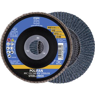 'Top view of the POLIFAN grinding disc PSF 115 Z40 for steel and stainless steel with blue leaf pattern and manufacturer information.'