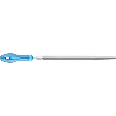 A flat file with a blue, ergonomic handle. Suitable for smoothing and shaping metal surfaces.