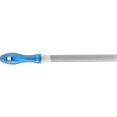 A flat file with a blue handle, suitable for smoothing metal surfaces.