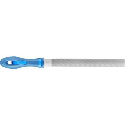Metal file with a blue, ergonomic handle and a narrow, grey filing surface, suitable for smoothing and shaping metal surfaces.