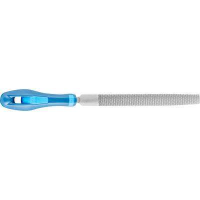 A tool file with a blue handle and a coarse metal surface for working with materials.