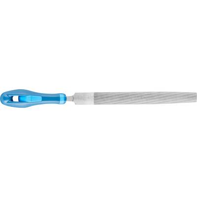 Hand file with blue plastic handle, suitable for smoothing surfaces in metalworking or woodworking.