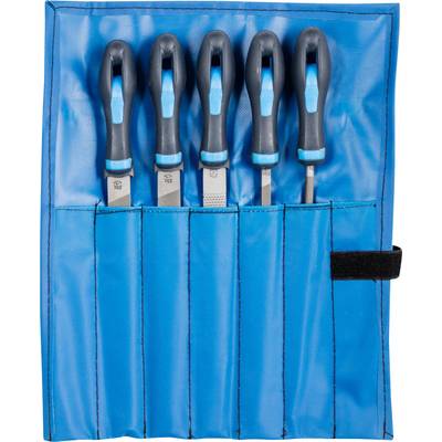 Five screwdrivers with blue handles in a blue bag.