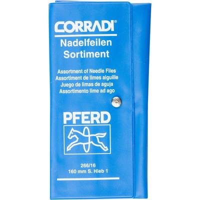 Blue container with the inscription 'Needle Files Assortment'. Brand logos of 'Corradi' and 'Pferd'. Contains files in various designs.