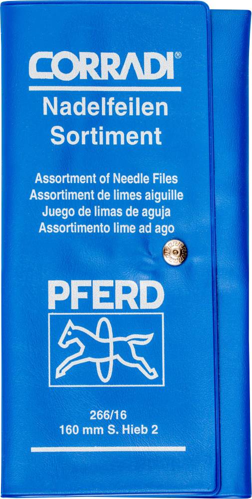 Blue packaging with the inscription 'CORRADI Needle File Selection'. Horse logo and text in multiple languages describing the product.