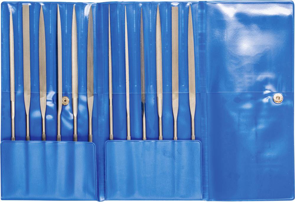 A set of ten tool or instrument files stored in a blue case.