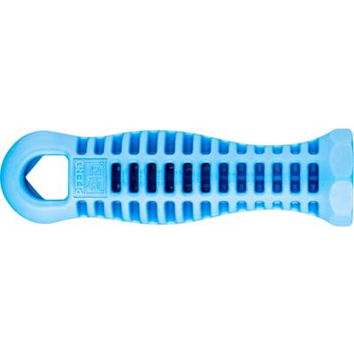 Blue plastic handle in an elongated shape with a non-slip ribbed texture.