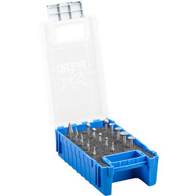 A set of milling pens in a blue plastic box with an open lid. Various shapes and sizes of the tools are visible.