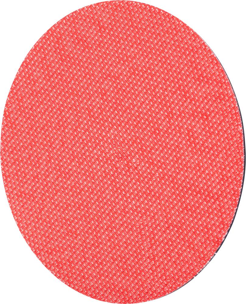 An oval, red circle with a textured surface, possibly a fabric pattern or a decorative element.