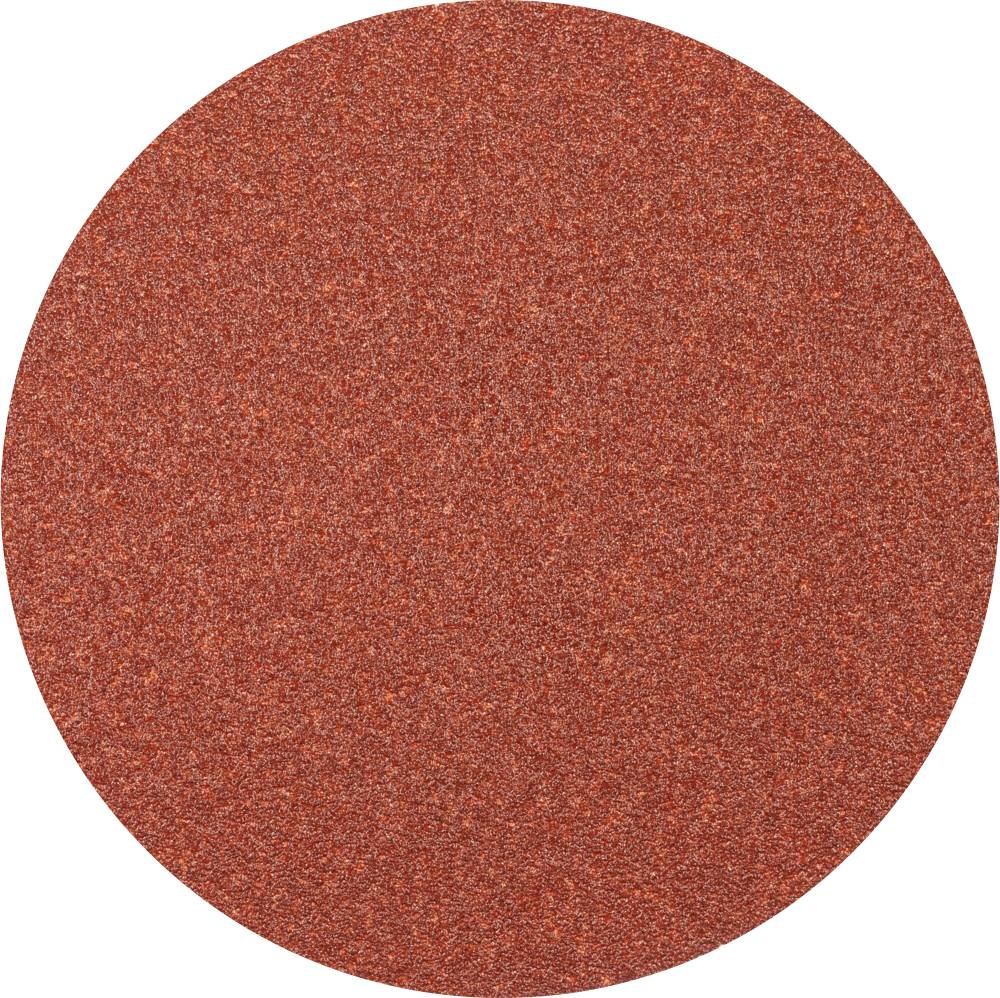 A round, red sandpaper sheet with a fine-grained texture, used for surface finishing.