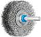 Metal brush attachment in circular disc shape with dense wire bristles and a blue plastic part in the centre.