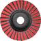 Red grinding or polishing wheel with evenly arranged lamellae, typical tool for metalworking or surface smoothing.