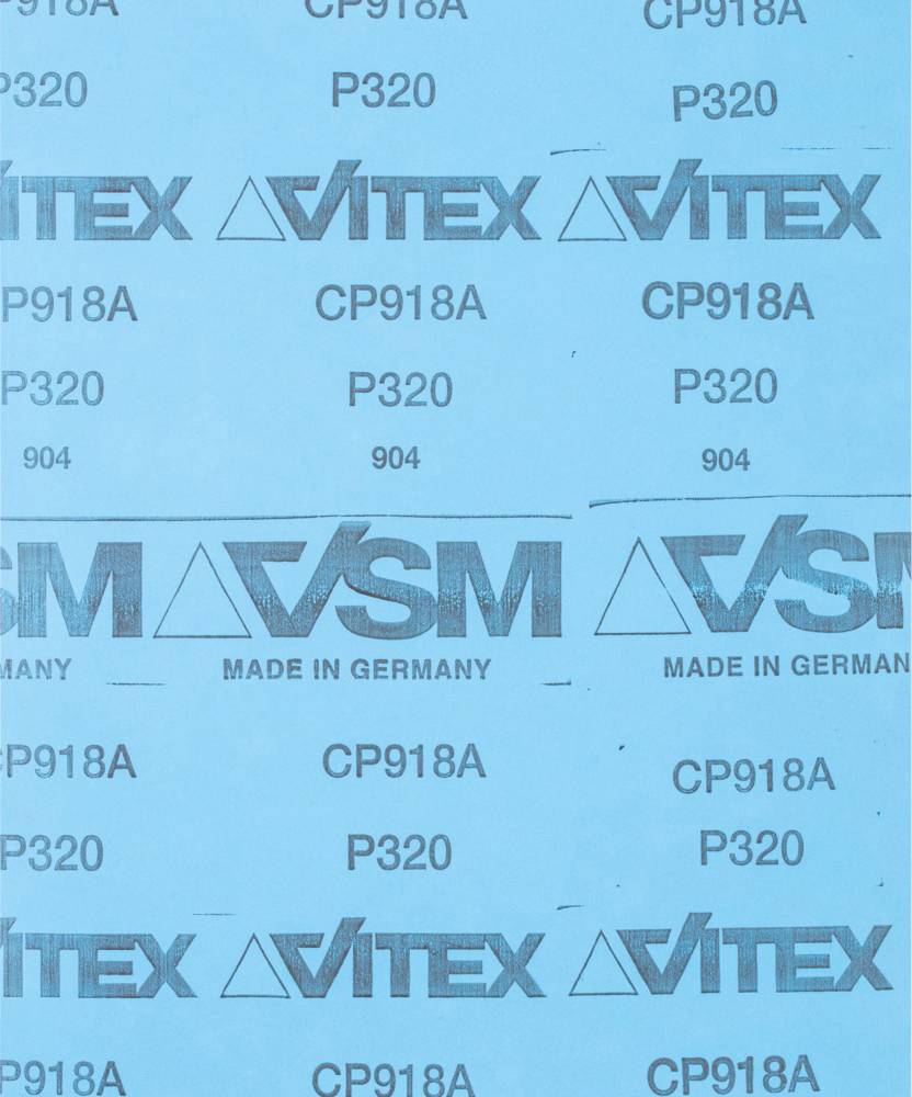 Blue background with repetitive patterns of brand logos 'VITEX' and 'VSM', accompanied by texts 'CP918A', 'P320' and 'MADE IN GERMANY'.