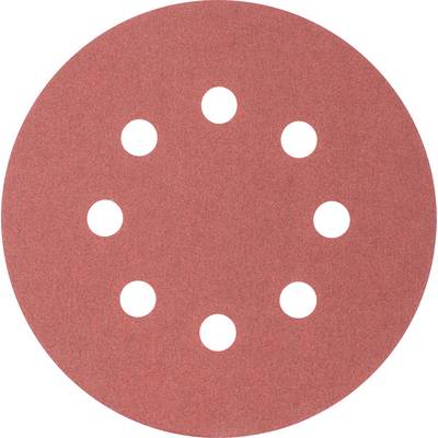 Round, red grinding disc with eight holes, evenly distributed, on a white background.