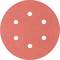 Red sandpaper disc with six holes, used for sanding machines for surface processing of wood or metal.