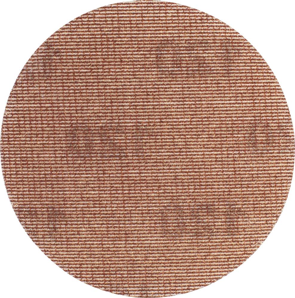 A circular, structural textile section in rust red with a uniform, striped pattern.