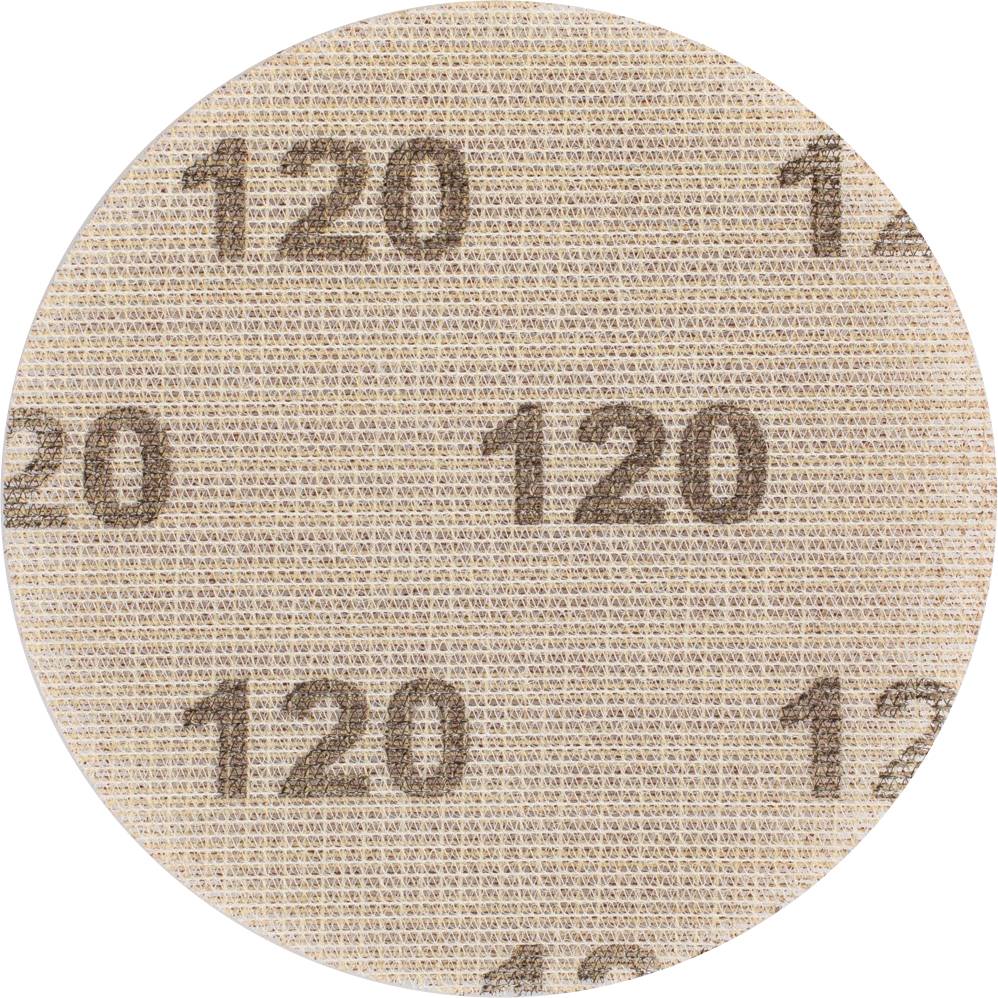 Close-up of sandpaper with a 120 grit. Beige surface with brown markings indicating the grit number.