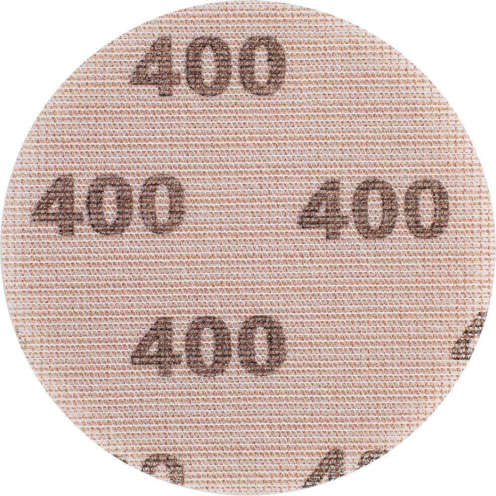 Sanding disc with 400 grit, beige with dark brown numbers '400', used for smoothing surfaces in woodworking or metalworking.