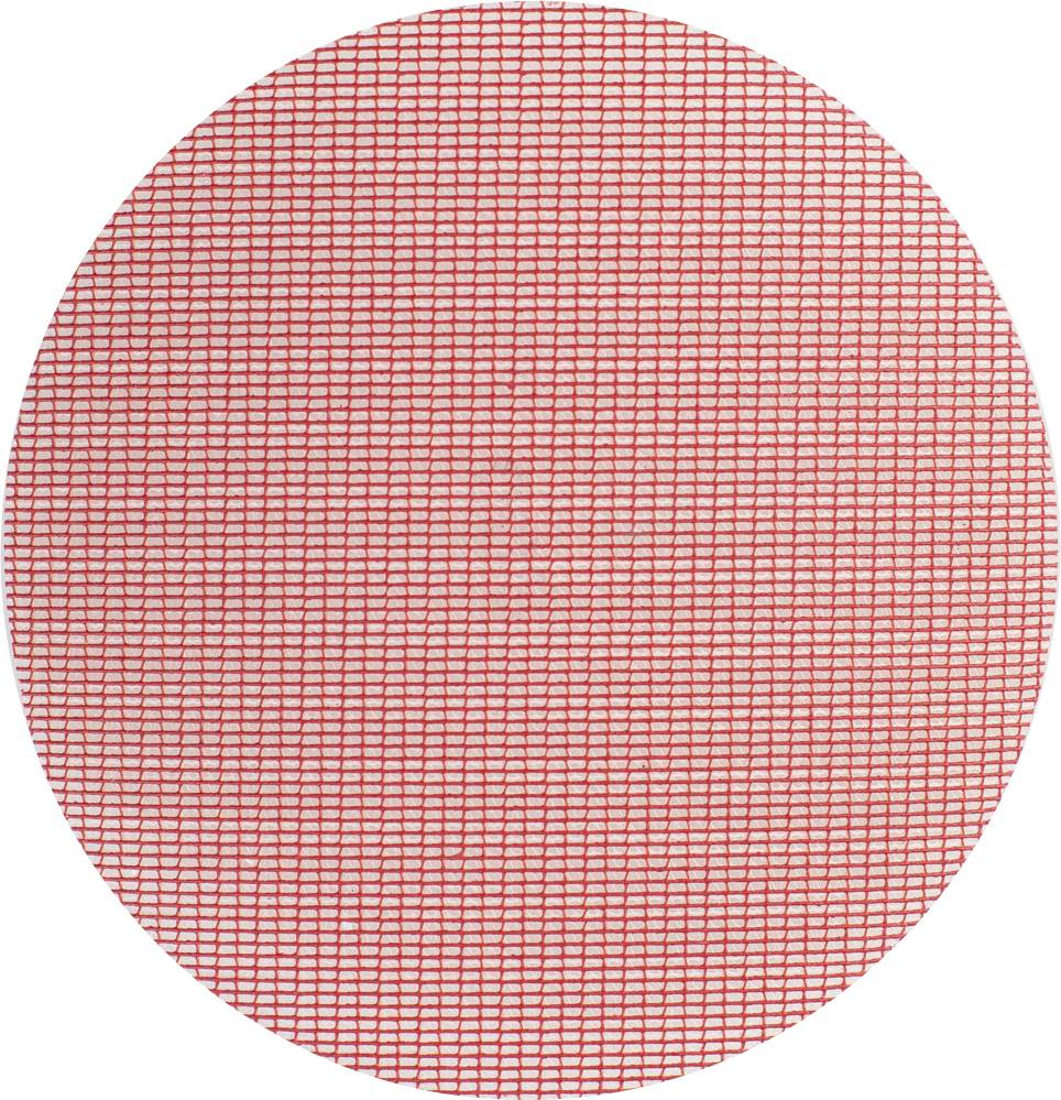 A red, circular pattern made of small, uniform squares on a light background.