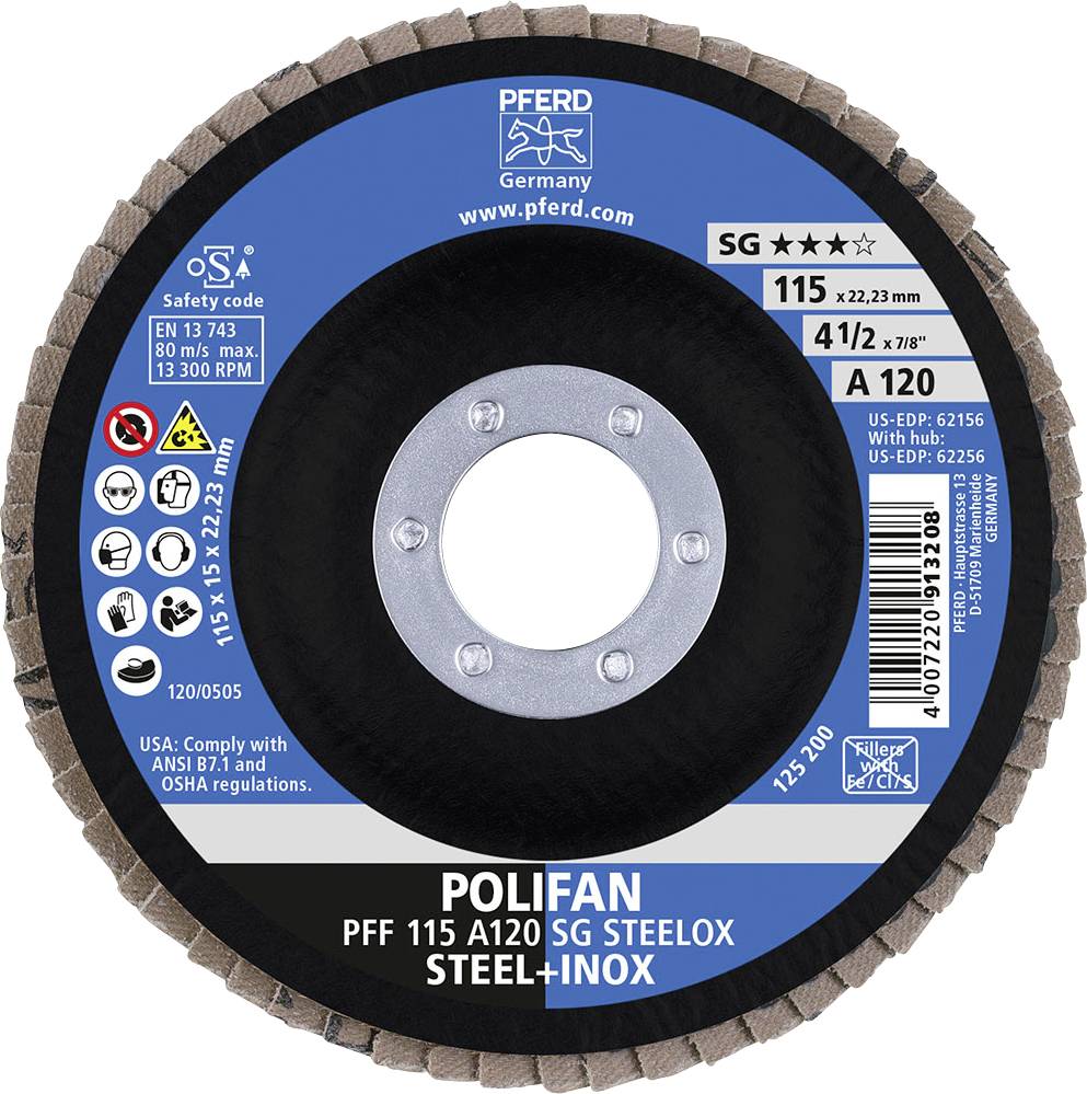 Grinding disc, type 'POLIFAN SG' for steel and stainless steel, diameter 115 mm, maximum speed 13,300 rpm, safety code EN 13743.