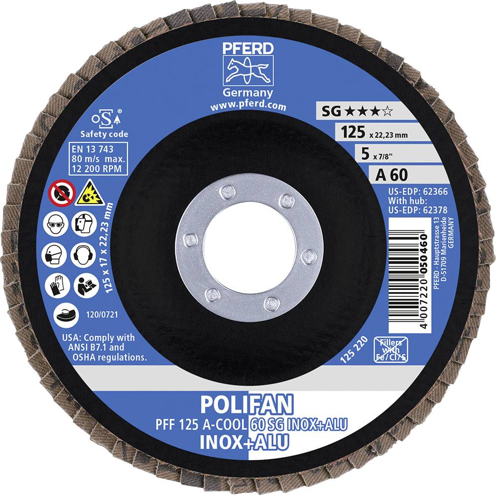'Polifan Grinding Disc', PFERD brand, Diameter: 125 mm. Suitable for Inox and Aluminium. Contains safety and compatibility information.