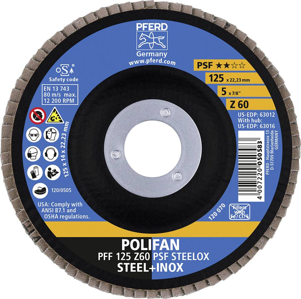 Grinding Disc 'Polifan', Model PFF 125 Z60 PSF Steelox, 125 mm diameter, suitable for steel and stainless steel, maximum speed up to 12,200 rpm.