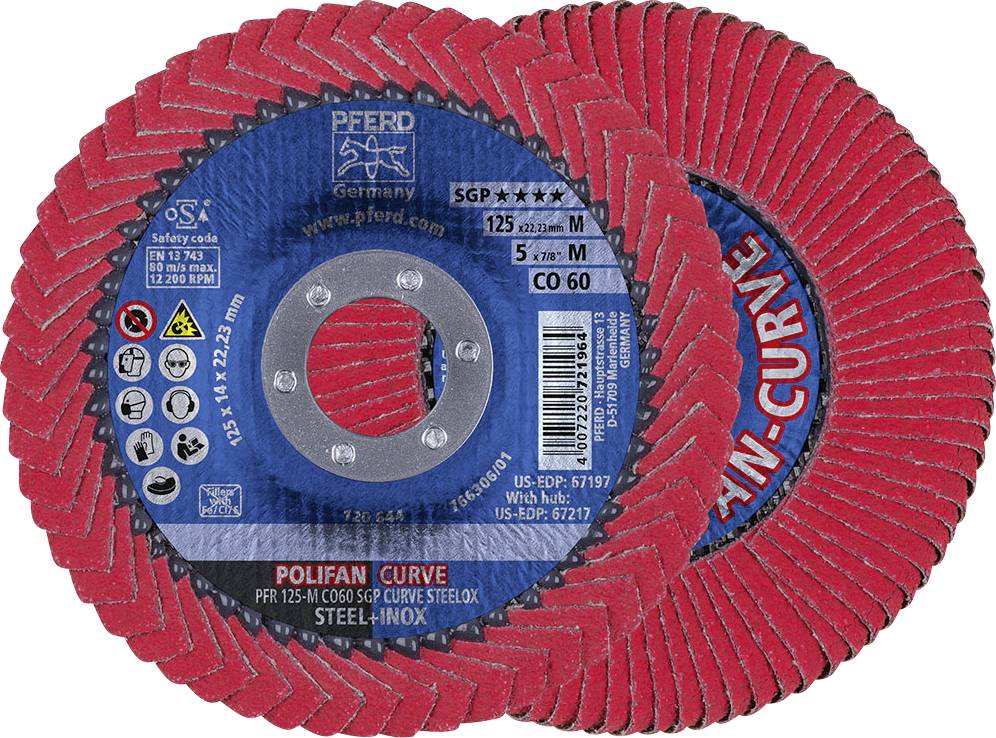 Two red grinding discs by PFERD, model 'POLIFAN CURVE', made of steel. One is spinning slightly, the other is lying flat.