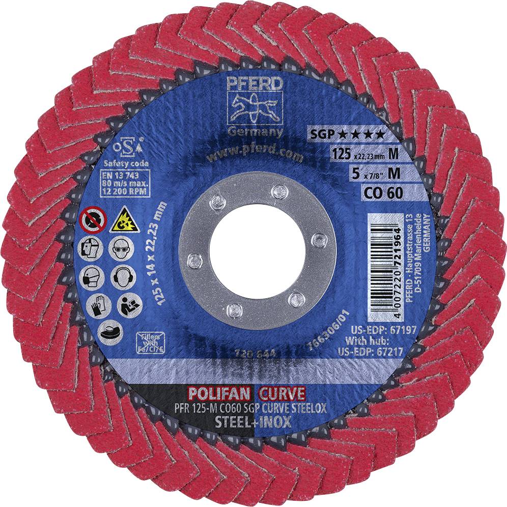 Red grinding disc by PFERD with 'Polifan Curve' inscription. Suitable for steel and stainless steel, 125 mm diameter, CO 60 version.