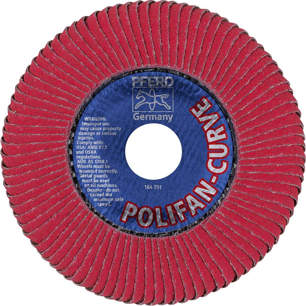 'POLIFAN-CURVE' fan-shaped grinding disc by PFERD Germany, red edge with blue centre, note on safety regulations.