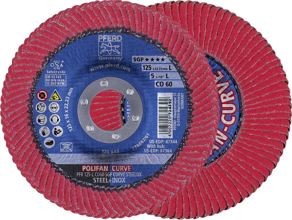 Two red-bordered grinding discs by the brand 'Pferd' for steel and stainless steel use. Text: 'POLIFAN CURVE' and technical specifications.
