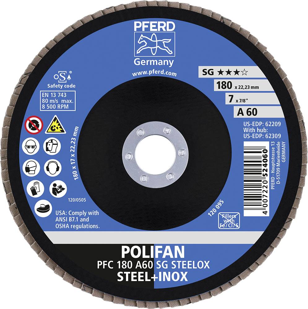 Grinding disc with the inscription 'PFERD Germany', 'POLIFAN PFC 180 A60 SG STEELOX'. Suitable for steel and stainless steel, dimensions 180 x 22.23 mm.