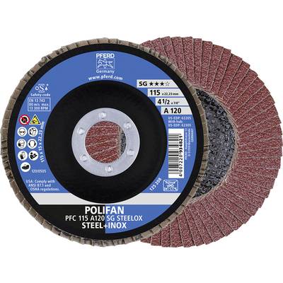 'Polifan Grinding Disc PFC 115 A120 SG SteeLox' with diameter specifications and safety certifications. Suitable for steel and stainless steel.
