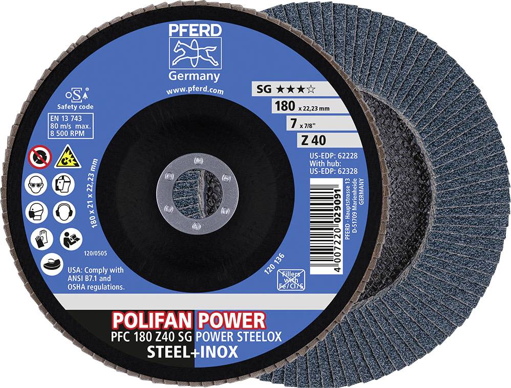Grinding disc with text: 'POLIFAN POWER', 'STEEL+INOX', diameter 180 mm, bore 22.23 mm, maximum 8,500 rpm, grain size Z40.