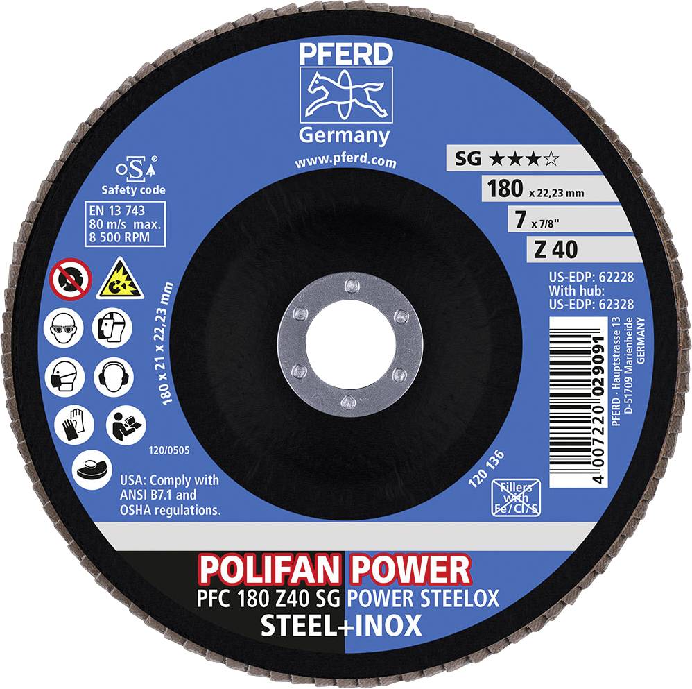 Grinding disc with inscription 'POLIFAN POWER', indicating specifications such as size (180 x 22.23 mm), material (Steel+Inox) and manufacturer (PFERD Germany).