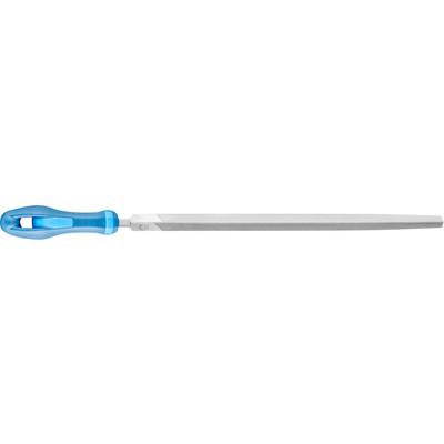 A file with a blue plastic handle and silver blade. It is used for smoothing and shaping materials.
