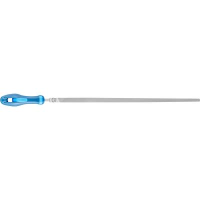 Metal file with blue handle, positioned horizontally.