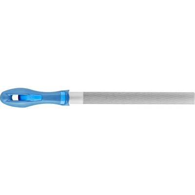 A flat metal file with a blue plastic handle, suitable for grinding or smoothing surfaces in workshops or DIY projects.