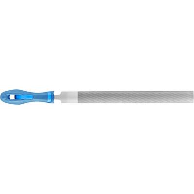 Metal file with a blue handle and an elongated, ribbed metal body.