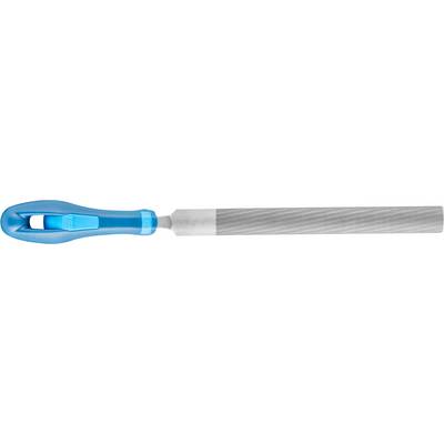 A round file with an ergonomic, blue handle. The file's shaft is made of metal with a ribbed surface.