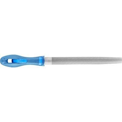 A metal file with a blue plastic handle and a wide, flat cutting area, suitable for rough grinding work.