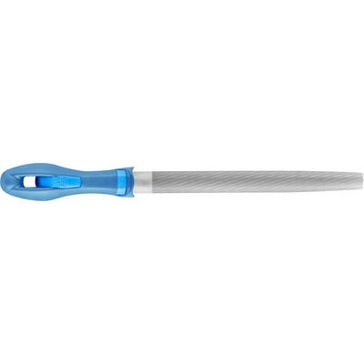 A silver screwdriver with a blue, ergonomic handle.