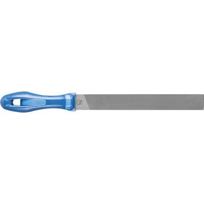 Metal file with a blue plastic handle, suitable for smoothing surfaces in craft or industrial applications.