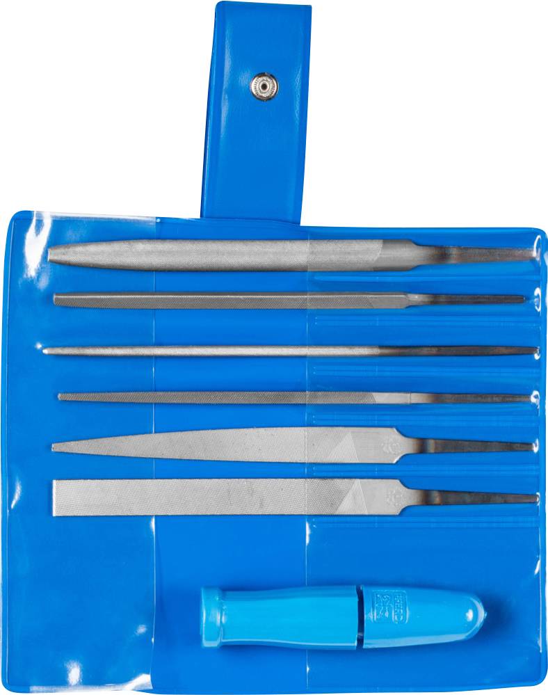 A blue tool set comprising six files of varying shapes and sizes arranged in compartments, with a handle located in the bottom compartment.