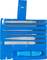 A blue tool set comprising six files of varying shapes and sizes arranged in compartments, with a handle located in the bottom compartment.